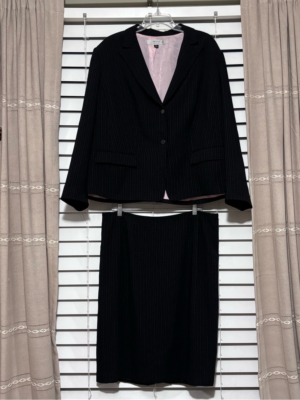 Classic Black Pinstripe Blazer and Skirt Set with Pink Lining